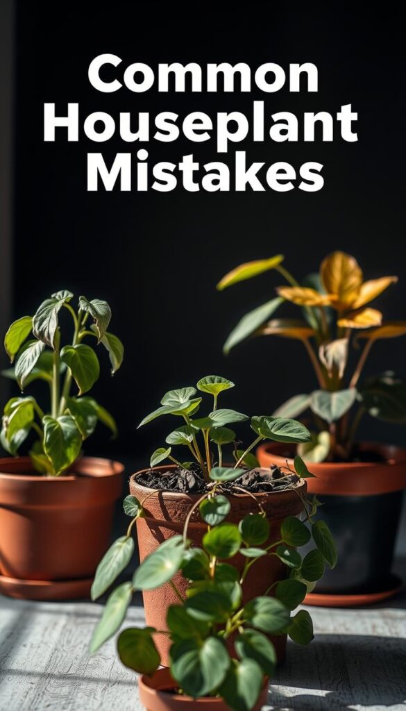A visually striking composition showcasing common houseplant mistakes. In the foreground, a potted plant wilting from overwatering, its leaves drooping sadly. In the middle ground, a potted plant suffering from underwatering, its soil cracked and dry. In the background, a potted plant overwhelmed by direct sunlight, its leaves scorched and discolored. The lighting is soft and natural, creating a moody, cautionary atmosphere. The camera angle is slightly elevated, giving an overview of the various pitfalls faced by indoor gardeners. The prompt aims to visually educate and inspire viewers to avoid these common houseplant mistakes.