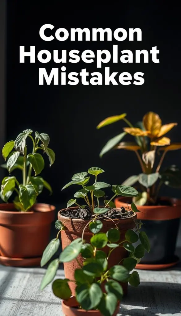 A visually striking composition showcasing common houseplant mistakes. In the foreground, a potted plant wilting from overwatering, its leaves drooping sadly. In the middle ground, a potted plant suffering from underwatering, its soil cracked and dry. In the background, a potted plant overwhelmed by direct sunlight, its leaves scorched and discolored. The lighting is soft and natural, creating a moody, cautionary atmosphere. The camera angle is slightly elevated, giving an overview of the various pitfalls faced by indoor gardeners. The prompt aims to visually educate and inspire viewers to avoid these common houseplant mistakes. A visually striking composition showcasing common houseplant mistakes. In the foreground, a potted plant wilting from overwatering, its leaves drooping sadly. In the middle ground, a potted plant suffering from underwatering, its soil cracked and dry. In the background, a potted plant overwhelmed by direct sunlight, its leaves scorched and discolored. The lighting is soft and natural, creating a moody, cautionary atmosphere. The camera angle is slightly elevated, giving an overview of the various pitfalls faced by indoor gardeners. The prompt aims to visually educate and inspire viewers to avoid these common houseplant mistakes.
