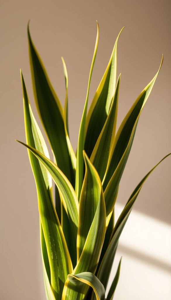 A vivid close-up of a lush, sculptural Dracaena trifasciata houseplant, also known as the snake plant or mother-in-law's tongue, against a softly blurred, neutral background. The plant's long, swordlike, variegated green and yellow leaves fan out gracefully, casting gentle shadows. The lighting is natural and warm, subtly highlighting the plant's sturdy texture and architectural form. The composition is balanced, drawing the viewer's eye to the plant's striking silhouette and intricate leaf patterns. An image that conveys the easy-care, low-maintenance nature of this resilient, decorative houseplant. A vivid close-up of a lush, sculptural Dracaena trifasciata houseplant, also known as the snake plant or mother-in-law's tongue, against a softly blurred, neutral background. The plant's long, swordlike, variegated green and yellow leaves fan out gracefully, casting gentle shadows. The lighting is natural and warm, subtly highlighting the plant's sturdy texture and architectural form. The composition is balanced, drawing the viewer's eye to the plant's striking silhouette and intricate leaf patterns. An image that conveys the easy-care, low-maintenance nature of this resilient, decorative houseplant.