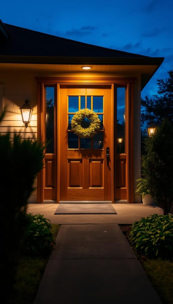 A warm and inviting front door with a classic wooden frame and a sturdy glass panel, bathed in soft, ambient lighting. In the foreground, a decorative wreath adorns the door, adding a touch of natural elegance. The middle ground features a neatly landscaped garden with lush greenery, complementing the overall welcoming atmosphere. The background showcases a tranquil evening sky, with gentle lighting from the porch and nearby lampposts, creating a cozy and safe environment. The scene is captured with a wide-angle lens, emphasizing the depth and balance of the composition. A warm and inviting front door with a classic wooden frame and a sturdy glass panel, bathed in soft, ambient lighting. In the foreground, a decorative wreath adorns the door, adding a touch of natural elegance. The middle ground features a neatly landscaped garden with lush greenery, complementing the overall welcoming atmosphere. The background showcases a tranquil evening sky, with gentle lighting from the porch and nearby lampposts, creating a cozy and safe environment. The scene is captured with a wide-angle lens, emphasizing the depth and balance of the composition.