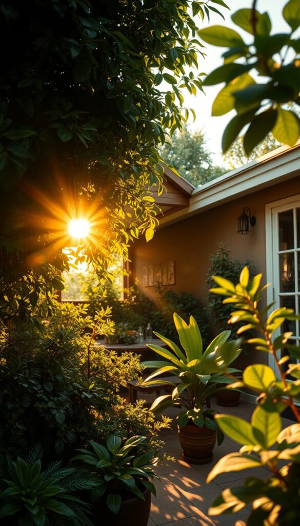 A warm, golden sun peeking through lush foliage, casting intricate patterns of light and shadow across a well-tended patio. The soft, diffused rays illuminate the vibrant greens and textures of the surrounding plants, creating a serene and inviting atmosphere. The image is captured with a wide-angle lens, giving a sense of depth and immersion, as if the viewer is standing amidst this tranquil outdoor oasis. The lighting is natural and atmospheric, with subtle highlights and soft shadows that accentuate the three-dimensional qualities of the scene. An idyllic and inspirational setting, perfect for considering how to style a patio with thriving, sun-loving flora. A warm, golden sun peeking through lush foliage, casting intricate patterns of light and shadow across a well-tended patio. The soft, diffused rays illuminate the vibrant greens and textures of the surrounding plants, creating a serene and inviting atmosphere. The image is captured with a wide-angle lens, giving a sense of depth and immersion, as if the viewer is standing amidst this tranquil outdoor oasis. The lighting is natural and atmospheric, with subtle highlights and soft shadows that accentuate the three-dimensional qualities of the scene. An idyllic and inspirational setting, perfect for considering how to style a patio with thriving, sun-loving flora.