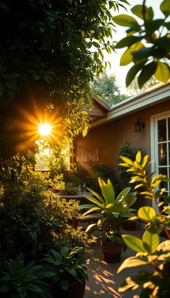 A warm, golden sun peeking through lush foliage, casting intricate patterns of light and shadow across a well-tended patio. The soft, diffused rays illuminate the vibrant greens and textures of the surrounding plants, creating a serene and inviting atmosphere. The image is captured with a wide-angle lens, giving a sense of depth and immersion, as if the viewer is standing amidst this tranquil outdoor oasis. The lighting is natural and atmospheric, with subtle highlights and soft shadows that accentuate the three-dimensional qualities of the scene. An idyllic and inspirational setting, perfect for considering how to style a patio with thriving, sun-loving flora.