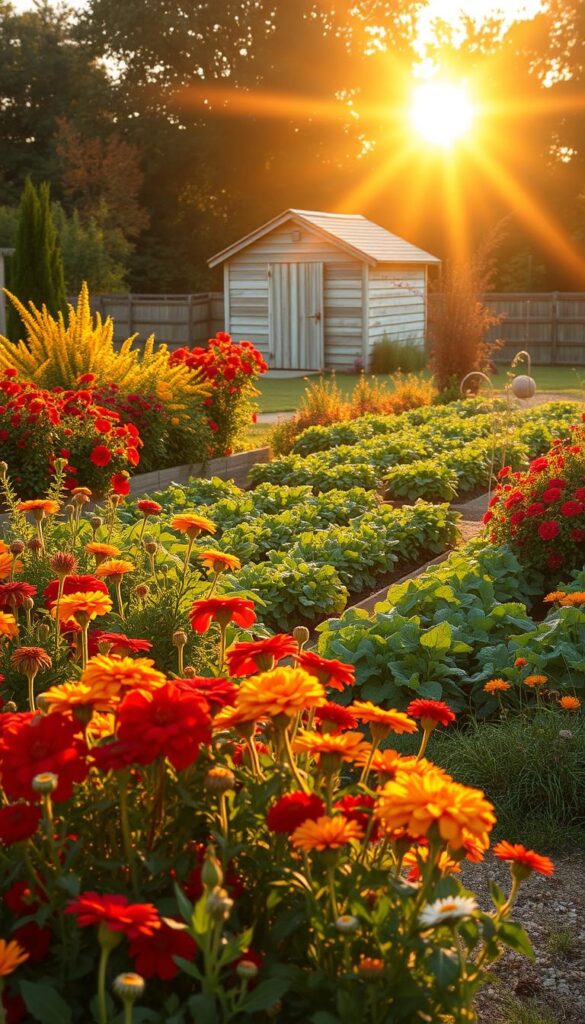 A warm, golden sun shines over a bountiful fall garden, casting a gentle glow across the lush beds of vibrant blooms. In the foreground, a rich tapestry of autumnal hues - deep reds, vivid oranges, and sunny yellows - sway in the gentle breeze, inviting the viewer to bask in the beauty of the season. The middle ground features a well-tended vegetable patch, its rows of leafy greens and plump produce a testament to the rewards of fall planting. In the distance, a picturesque shed stands as a focal point, its weathered wooden exterior complementing the natural palette. The overall atmosphere is one of tranquility and abundance, capturing the essence of why fall planting feels good and looks great. A warm, golden sun shines over a bountiful fall garden, casting a gentle glow across the lush beds of vibrant blooms. In the foreground, a rich tapestry of autumnal hues - deep reds, vivid oranges, and sunny yellows - sway in the gentle breeze, inviting the viewer to bask in the beauty of the season. The middle ground features a well-tended vegetable patch, its rows of leafy greens and plump produce a testament to the rewards of fall planting. In the distance, a picturesque shed stands as a focal point, its weathered wooden exterior complementing the natural palette. The overall atmosphere is one of tranquility and abundance, capturing the essence of why fall planting feels good and looks great.