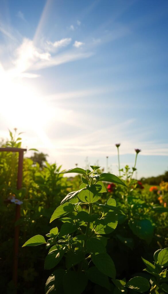 A warm, golden sunlight bathes a lush, verdant garden scene. The sun's rays stream through wispy clouds, casting a soft, diffused glow over the vibrant foliage. In the foreground, a basil plant thrives, its emerald leaves gently swaying in the gentle breeze. The middle ground showcases a diversity of other herbs and flowers, all basking in the life-giving light. In the background, the sky is a serene, azure expanse, punctuated by the delicate, feathery clouds. The overall mood is one of tranquility, growth, and the nurturing power of the sun's energy. A warm, golden sunlight bathes a lush, verdant garden scene. The sun's rays stream through wispy clouds, casting a soft, diffused glow over the vibrant foliage. In the foreground, a basil plant thrives, its emerald leaves gently swaying in the gentle breeze. The middle ground showcases a diversity of other herbs and flowers, all basking in the life-giving light. In the background, the sky is a serene, azure expanse, punctuated by the delicate, feathery clouds. The overall mood is one of tranquility, growth, and the nurturing power of the sun's energy.
