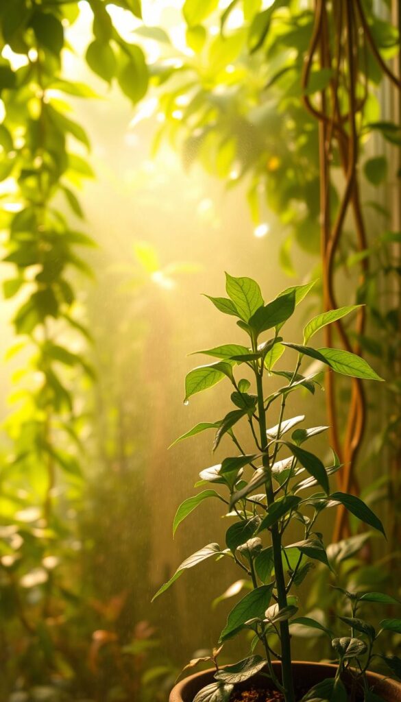 A warm, hazy atmosphere envelops a lush, verdant indoor garden. Droplets of moisture cling to vibrant foliage, creating a tangible sense of humidity. Soft, diffused lighting filters through a canopy of thriving plants, casting gentle shadows and highlighting the delicate textures of leaves and stems. In the foreground, a potted plant stands tall, its leaves glistening with a fine mist, inviting the viewer to feel the soothing, calming presence of elevated moisture levels. The overall scene conveys the ideal conditions for houseplants to thrive, emphasizing the importance of humidity, temperature, and airflow for their wellbeing. A warm, hazy atmosphere envelops a lush, verdant indoor garden. Droplets of moisture cling to vibrant foliage, creating a tangible sense of humidity. Soft, diffused lighting filters through a canopy of thriving plants, casting gentle shadows and highlighting the delicate textures of leaves and stems. In the foreground, a potted plant stands tall, its leaves glistening with a fine mist, inviting the viewer to feel the soothing, calming presence of elevated moisture levels. The overall scene conveys the ideal conditions for houseplants to thrive, emphasizing the importance of humidity, temperature, and airflow for their wellbeing.