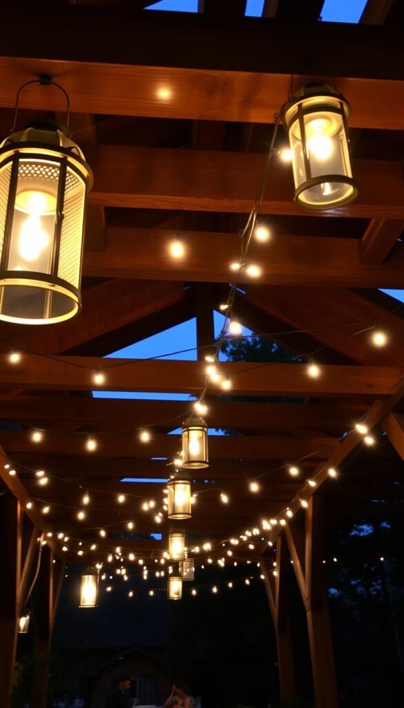 A warm, inviting pergola bathed in the soft glow of hanging lanterns and string lights, casting a magical ambiance over the evening gathering. The lighting fixtures are artfully arranged, creating a cozy, intimate atmosphere. Delicate shadows dance across the wooden structure, complementing the natural textures. The overall scene evokes a sense of tranquility and enchantment, perfect for elevating the mood of any outdoor space.