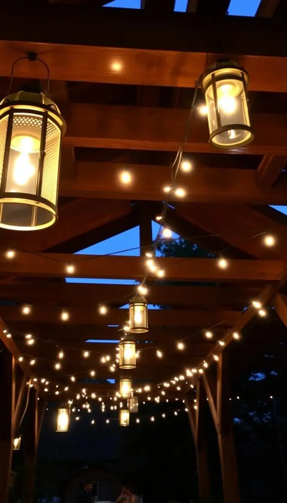 A warm, inviting pergola bathed in the soft glow of hanging lanterns and string lights, casting a magical ambiance over the evening gathering. The lighting fixtures are artfully arranged, creating a cozy, intimate atmosphere. Delicate shadows dance across the wooden structure, complementing the natural textures. The overall scene evokes a sense of tranquility and enchantment, perfect for elevating the mood of any outdoor space.