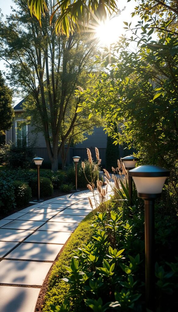 A warm, soft glow illuminates a well-manicured backyard. Sunlight filters through delicate foliage, casting intricate patterns across a paved pathway. Sleek, modern light fixtures line the edges, their muted finishes blending seamlessly with the natural surroundings. The overall atmosphere is one of tranquility and sophistication, elevating the curb appeal of the outdoor space. A wide-angle lens captures the harmonious interplay of light and shadow, highlighting the thoughtful design and attention to detail that create this inviting, picturesque scene. A warm, soft glow illuminates a well-manicured backyard. Sunlight filters through delicate foliage, casting intricate patterns across a paved pathway. Sleek, modern light fixtures line the edges, their muted finishes blending seamlessly with the natural surroundings. The overall atmosphere is one of tranquility and sophistication, elevating the curb appeal of the outdoor space. A wide-angle lens captures the harmonious interplay of light and shadow, highlighting the thoughtful design and attention to detail that create this inviting, picturesque scene.