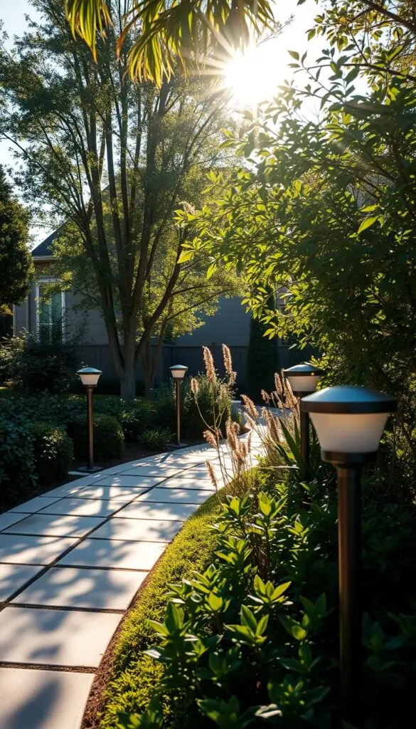A warm, soft glow illuminates a well-manicured backyard. Sunlight filters through delicate foliage, casting intricate patterns across a paved pathway. Sleek, modern light fixtures line the edges, their muted finishes blending seamlessly with the natural surroundings. The overall atmosphere is one of tranquility and sophistication, elevating the curb appeal of the outdoor space. A wide-angle lens captures the harmonious interplay of light and shadow, highlighting the thoughtful design and attention to detail that create this inviting, picturesque scene. A warm, soft glow illuminates a well-manicured backyard. Sunlight filters through delicate foliage, casting intricate patterns across a paved pathway. Sleek, modern light fixtures line the edges, their muted finishes blending seamlessly with the natural surroundings. The overall atmosphere is one of tranquility and sophistication, elevating the curb appeal of the outdoor space. A wide-angle lens captures the harmonious interplay of light and shadow, highlighting the thoughtful design and attention to detail that create this inviting, picturesque scene.