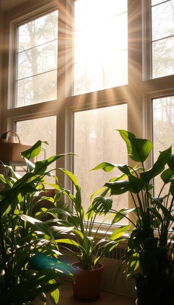 A warm, sun-dappled interior with radiant natural light streaming through large windows, casting a soft, golden glow across a cozy living space. Lush, leafy houseplants thrive in the bright, diffused illumination, their verdant foliage gently swaying. Subtle shadows play across the walls, adding depth and dimension to the scene. The atmosphere is serene, tranquil, and inviting, creating a haven of natural luminescence perfect for showcasing holiday plants that brighten winter homes. A warm, sun-dappled interior with radiant natural light streaming through large windows, casting a soft, golden glow across a cozy living space. Lush, leafy houseplants thrive in the bright, diffused illumination, their verdant foliage gently swaying. Subtle shadows play across the walls, adding depth and dimension to the scene. The atmosphere is serene, tranquil, and inviting, creating a haven of natural luminescence perfect for showcasing holiday plants that brighten winter homes.