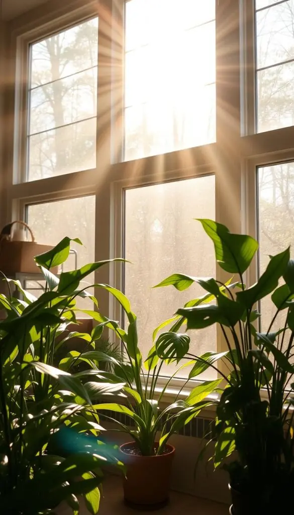 A warm, sun-dappled interior with radiant natural light streaming through large windows, casting a soft, golden glow across a cozy living space. Lush, leafy houseplants thrive in the bright, diffused illumination, their verdant foliage gently swaying. Subtle shadows play across the walls, adding depth and dimension to the scene. The atmosphere is serene, tranquil, and inviting, creating a haven of natural luminescence perfect for showcasing holiday plants that brighten winter homes.