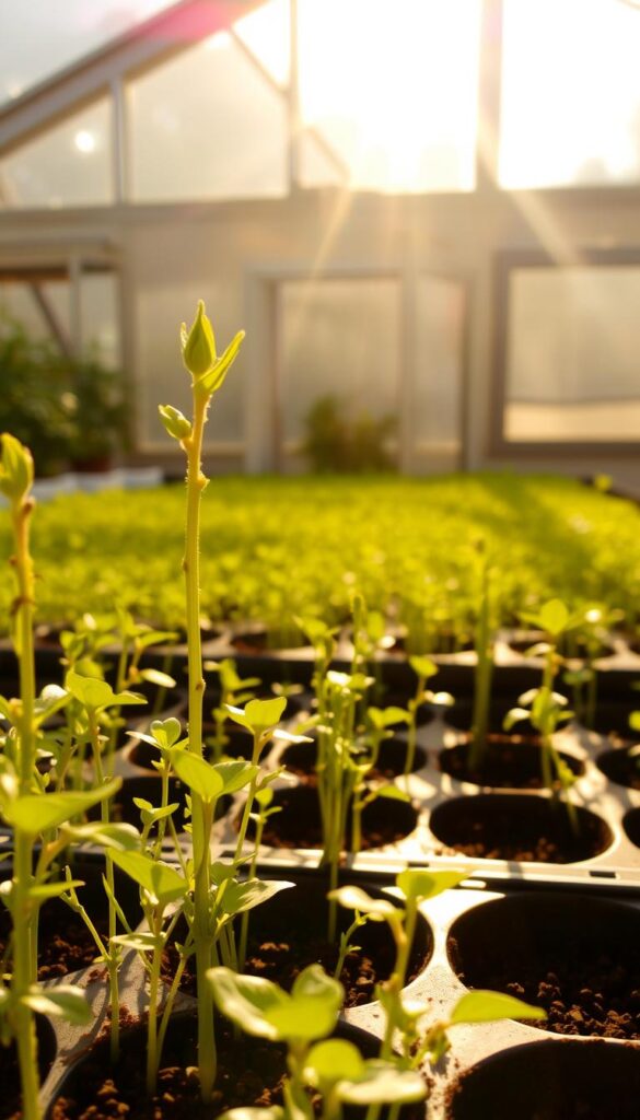 A warm, sun-drenched greenhouse with lush, verdant seedlings bathed in golden light. In the foreground, delicate sprouts push upward, their tender leaves reaching towards the radiant source. The middle ground reveals a tray of soil-filled containers, their surface dotted with emerging life. Behind, large windows allow natural illumination to flood the space, casting a soft, diffused glow that highlights the verdant hues. The air is thick with the earthy scent of new growth, and the overall atmosphere conveys a sense of quiet, nurturing vitality. A warm, sun-drenched greenhouse with lush, verdant seedlings bathed in golden light. In the foreground, delicate sprouts push upward, their tender leaves reaching towards the radiant source. The middle ground reveals a tray of soil-filled containers, their surface dotted with emerging life. Behind, large windows allow natural illumination to flood the space, casting a soft, diffused glow that highlights the verdant hues. The air is thick with the earthy scent of new growth, and the overall atmosphere conveys a sense of quiet, nurturing vitality.