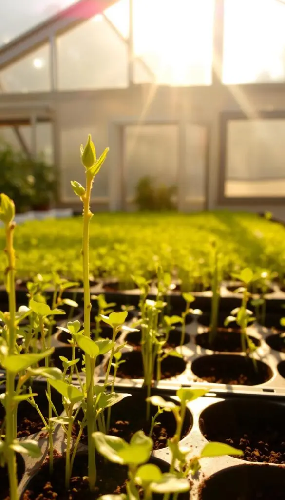 A warm, sun-drenched greenhouse with lush, verdant seedlings bathed in golden light. In the foreground, delicate sprouts push upward, their tender leaves reaching towards the radiant source. The middle ground reveals a tray of soil-filled containers, their surface dotted with emerging life. Behind, large windows allow natural illumination to flood the space, casting a soft, diffused glow that highlights the verdant hues. The air is thick with the earthy scent of new growth, and the overall atmosphere conveys a sense of quiet, nurturing vitality. A warm, sun-drenched greenhouse with lush, verdant seedlings bathed in golden light. In the foreground, delicate sprouts push upward, their tender leaves reaching towards the radiant source. The middle ground reveals a tray of soil-filled containers, their surface dotted with emerging life. Behind, large windows allow natural illumination to flood the space, casting a soft, diffused glow that highlights the verdant hues. The air is thick with the earthy scent of new growth, and the overall atmosphere conveys a sense of quiet, nurturing vitality.