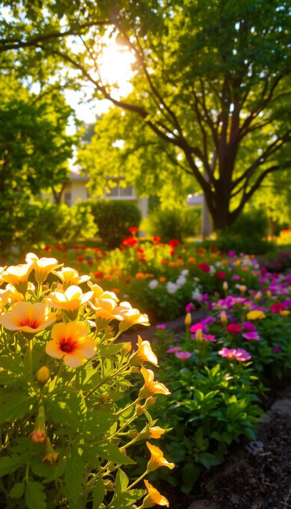 A warm, sunlit garden scene with vibrant flowers and verdant foliage. In the foreground, a cluster of lush, blooming plants bathed in golden rays, their petals gently swaying. The middle ground features a well-tended floral bed, showcasing a variety of colorful blossoms angled towards the sun. In the background, a canopy of trees casts dappled shadows, creating a natural, inviting atmosphere. The lighting is soft and diffused, casting a gentle, warm glow across the entire scene. The composition is balanced, with the sun's position highlighting the garden's vibrant colors and textures.