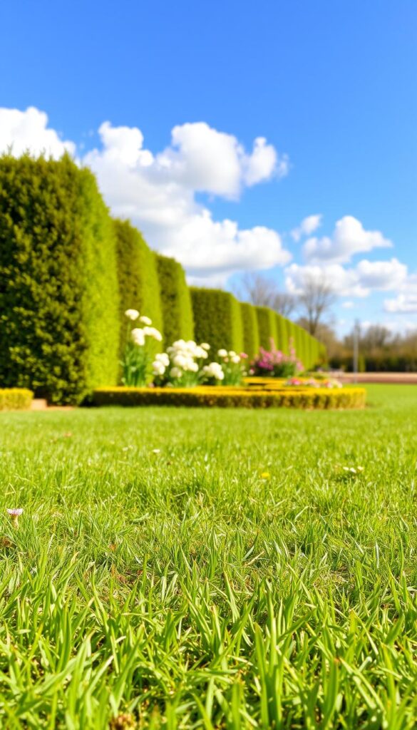 A warm, sunny outdoor scene on a spring day. In the foreground, a vibrant green lawn with lush, healthy grass and a few scattered wildflowers. In the middle ground, a well-tended garden with neatly trimmed hedges and blooming plants, their petals gently swaying in a light breeze. In the background, a clear blue sky with fluffy white clouds, and the silhouette of a distant tree line. The lighting is soft and natural, creating a serene and inviting atmosphere. The temperature is a comfortable 50°F, perfect for getting out and tidying the garden after winter's chill.