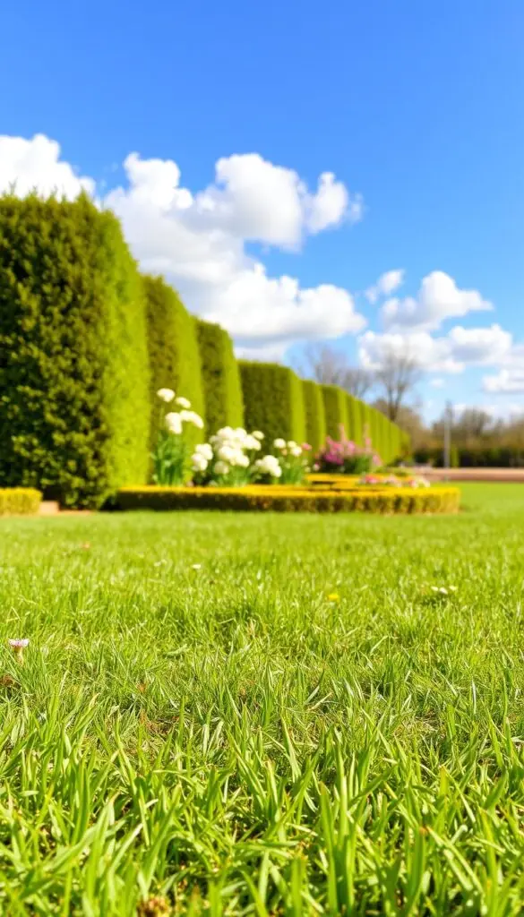 A warm, sunny outdoor scene on a spring day. In the foreground, a vibrant green lawn with lush, healthy grass and a few scattered wildflowers. In the middle ground, a well-tended garden with neatly trimmed hedges and blooming plants, their petals gently swaying in a light breeze. In the background, a clear blue sky with fluffy white clouds, and the silhouette of a distant tree line. The lighting is soft and natural, creating a serene and inviting atmosphere. The temperature is a comfortable 50°F, perfect for getting out and tidying the garden after winter's chill. A warm, sunny outdoor scene on a spring day. In the foreground, a vibrant green lawn with lush, healthy grass and a few scattered wildflowers. In the middle ground, a well-tended garden with neatly trimmed hedges and blooming plants, their petals gently swaying in a light breeze. In the background, a clear blue sky with fluffy white clouds, and the silhouette of a distant tree line. The lighting is soft and natural, creating a serene and inviting atmosphere. The temperature is a comfortable 50°F, perfect for getting out and tidying the garden after winter's chill.