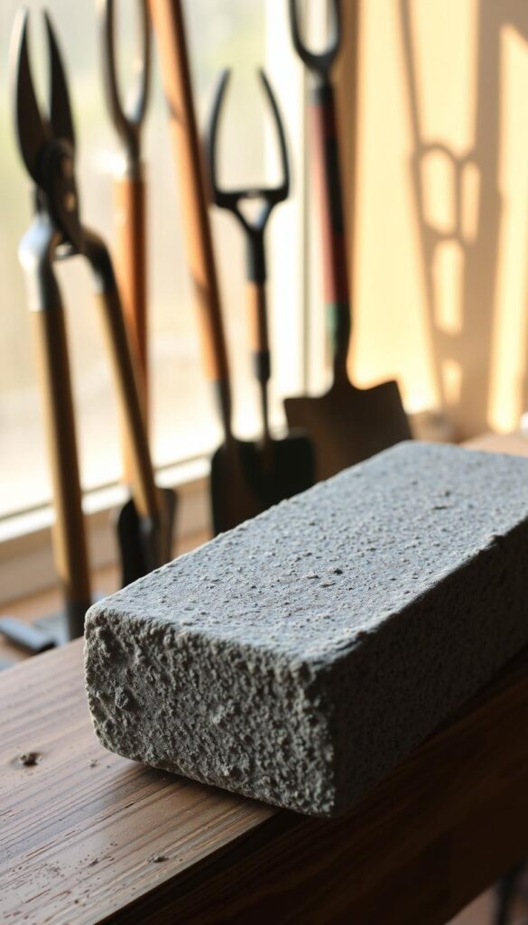 A weathered, rustic sharpening stone rests on a wooden workbench, its coarse surface catching the warm, soft light filtering through a nearby window. The stone's irregular shape and mottled gray hue suggest years of faithful service, the tool that has honed countless blades to a razor's edge. In the background, a shadowy outline of garden tools - pruners, shovels, and spades - await their turn, their edges dull and in need of rejuvenation. The scene conveys a sense of practicality and care, a reminder of the importance of maintaining one's tools for the seasons to come.