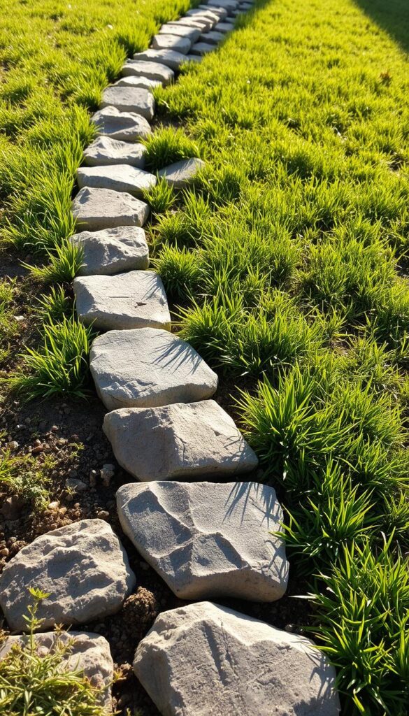 A weathered stone border lined with lush green grass, casting soft shadows in the warm afternoon sun. The border is composed of irregularly-shaped, textured stones in shades of gray, beige, and ochre, artfully arranged in a natural, staggered pattern. The stones are partially embedded in the soil, creating a seamless transition between the lawn and the edge. The grass gently spills over the border, adding a touch of softness and contrast. The lighting is slightly diffused, creating a sense of depth and dimension. Shot from a low angle, capturing the intricate details and the elegant, timeless aesthetic of this stone-style lawn edge. A weathered stone border lined with lush green grass, casting soft shadows in the warm afternoon sun. The border is composed of irregularly-shaped, textured stones in shades of gray, beige, and ochre, artfully arranged in a natural, staggered pattern. The stones are partially embedded in the soil, creating a seamless transition between the lawn and the edge. The grass gently spills over the border, adding a touch of softness and contrast. The lighting is slightly diffused, creating a sense of depth and dimension. Shot from a low angle, capturing the intricate details and the elegant, timeless aesthetic of this stone-style lawn edge.