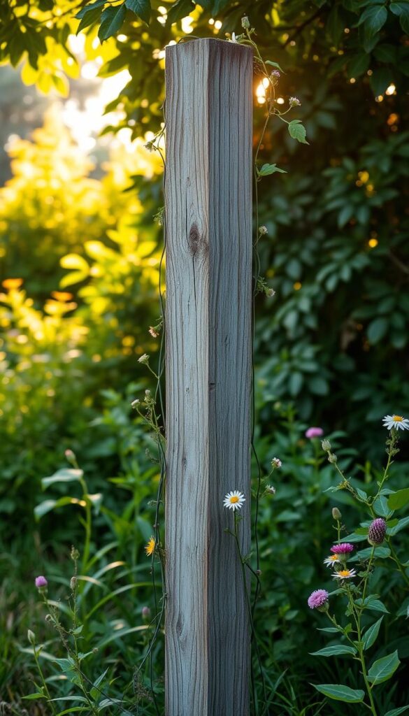 A weathered wooden fence post standing tall in a lush, verdant backyard. The post is adorned with delicate vines and wildflowers, creating a natural, rustic charm. Warm, golden sunlight filters through the leaves, casting a soft glow on the scene. The post is solidly grounded, its sturdy construction hinting at its ability to provide privacy and security. The background features a harmonious blend of lush greenery, creating a tranquil and inviting atmosphere. Captured with a crisp, high-resolution lens, this image showcases the timeless appeal of a well-designed fence that seamlessly integrates with its natural surroundings. A weathered wooden fence post standing tall in a lush, verdant backyard. The post is adorned with delicate vines and wildflowers, creating a natural, rustic charm. Warm, golden sunlight filters through the leaves, casting a soft glow on the scene. The post is solidly grounded, its sturdy construction hinting at its ability to provide privacy and security. The background features a harmonious blend of lush greenery, creating a tranquil and inviting atmosphere. Captured with a crisp, high-resolution lens, this image showcases the timeless appeal of a well-designed fence that seamlessly integrates with its natural surroundings.