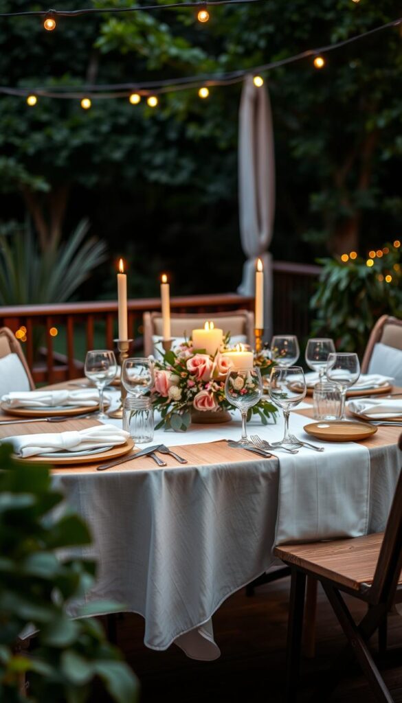 A well-appointed outdoor table set with crisp white linen, delicate floral centerpiece, and elegant place settings. Warm candlelight casts a soft glow over the scene, creating an inviting and intimate atmosphere. The table is positioned on a wooden deck, surrounded by lush greenery and the faint twinkle of string lights overhead. Detailed textures of the linens, wooden tabletop, and glassware are rendered with photorealistic clarity. The composition is balanced, with the tabletop as the focal point, framed by the natural environment. This image evokes a sense of effortless sophistication and alfresco dining perfection.