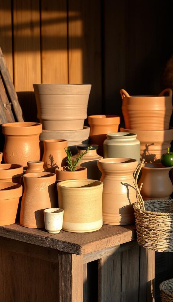 A well-arranged display of various containers, including terracotta pots, ceramic planters, and woven baskets, sit atop a rustic wooden surface. The containers feature muted earthy tones and natural textures, complementing the warm, inviting lighting that casts gentle shadows. The composition is balanced, with the containers positioned in a visually pleasing arrangement, allowing the viewer to appreciate the thoughtful selection and placement of these practical yet aesthetically pleasing tools. An overall sense of harmony and attention to detail pervades the scene, creating a welcoming and inspiring atmosphere for the viewer.