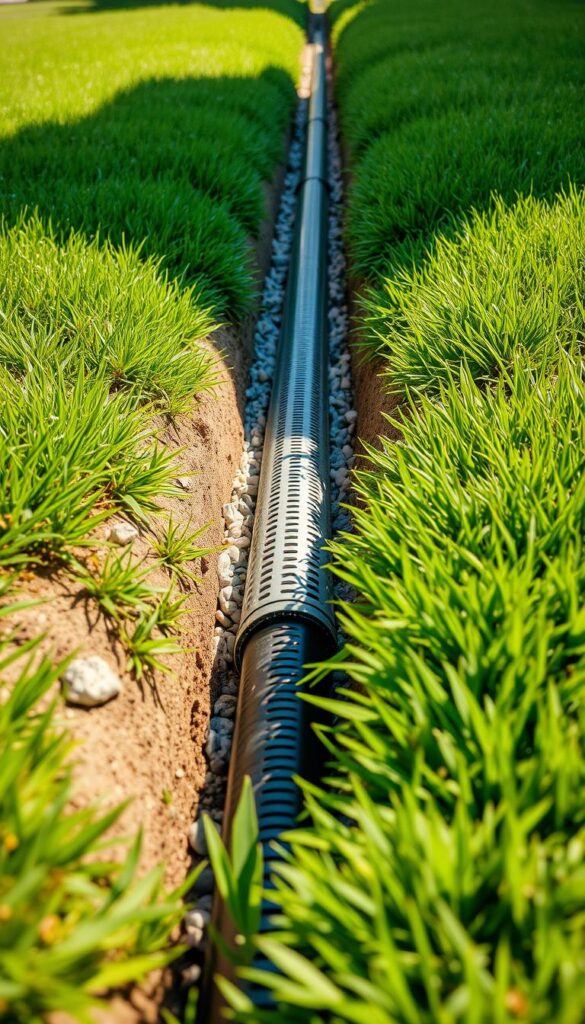 A well-constructed French drain system, showcasing a neatly dug trench filled with gravel and a perforated pipe, surrounded by lush, manicured grass. The sunlight casts a warm, natural glow, highlighting the intricate details of the installation. The camera angle provides a clear, up-close view, allowing the viewer to appreciate the thoughtful engineering and craftsmanship. The overall scene conveys a sense of orderly functionality, seamlessly blending the practical drainage solution with the aesthetic appeal of a well-maintained yard. A well-constructed French drain system, showcasing a neatly dug trench filled with gravel and a perforated pipe, surrounded by lush, manicured grass. The sunlight casts a warm, natural glow, highlighting the intricate details of the installation. The camera angle provides a clear, up-close view, allowing the viewer to appreciate the thoughtful engineering and craftsmanship. The overall scene conveys a sense of orderly functionality, seamlessly blending the practical drainage solution with the aesthetic appeal of a well-maintained yard.