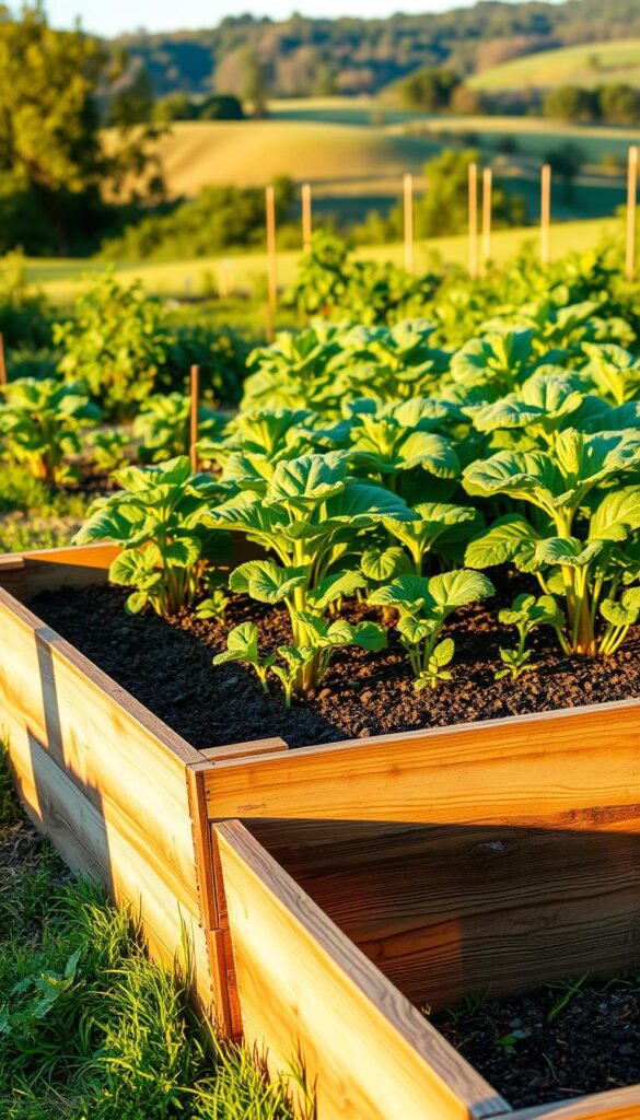 A well-constructed raised garden bed in a lush, verdant vegetable garden. The bed is made of sturdy, weathered wooden planks arranged in a rectangular shape, elevated several inches off the ground. The soil inside the bed appears rich and dark, teeming with life. Rows of healthy vegetable plants, their leaves glistening, stand tall and vibrant, casting long shadows under the warm, golden light of the afternoon sun. The background features a gently rolling landscape, with trees and other foliage providing a natural, tranquil setting. The composition is balanced, with the raised bed taking center stage, showcasing its practicality and the bountiful harvest it promises.
