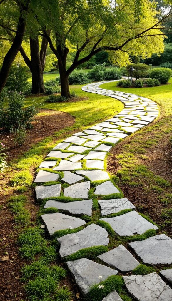 A well-crafted flagstone stepping path, winding through a lush, verdant garden. The irregular, textured stones are arranged in a visually appealing, organic layout, creating a timeless, natural-looking pathway. Soft, diffused sunlight filters through the canopy of mature trees, casting gentle shadows and highlighting the earthy tones of the flagstone. The path meanders gracefully, inviting exploration and evoking a sense of tranquility. Moss and small flowering plants grow between the stones, adding to the overall charm and blending seamlessly with the surrounding foliage. The overall scene conveys a classic, elegant aesthetic that complements the garden's natural beauty.