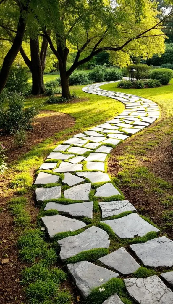 A well-crafted flagstone stepping path, winding through a lush, verdant garden. The irregular, textured stones are arranged in a visually appealing, organic layout, creating a timeless, natural-looking pathway. Soft, diffused sunlight filters through the canopy of mature trees, casting gentle shadows and highlighting the earthy tones of the flagstone. The path meanders gracefully, inviting exploration and evoking a sense of tranquility. Moss and small flowering plants grow between the stones, adding to the overall charm and blending seamlessly with the surrounding foliage. The overall scene conveys a classic, elegant aesthetic that complements the garden's natural beauty.