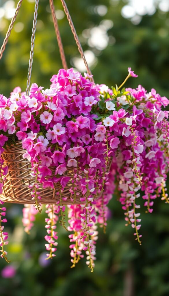 A well-crafted hanging basket overflowing with a vibrant array of cascading flowers. The foreground features an intricately woven wire basket, its delicate metallic finish glinting in the warm, soft lighting. Lush, trailing blooms in shades of pink, purple, and white spill gracefully over the basket's edges, creating a stunning visual display. The middle ground showcases the basket's sturdy wrought-iron frame, accentuating its rustic charm. In the background, a blurred, verdant garden setting provides a serene, naturalistic backdrop, enhancing the overall sense of harmony and tranquility. The composition is balanced, the lighting is gentle, and the overall mood is one of effortless elegance and natural beauty.