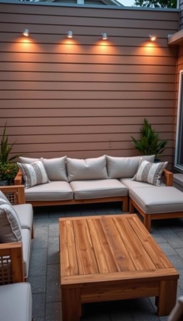 A well-crafted, mid-range backyard seating setup, showcasing a balance of comfort, materials, and thoughtful design. In the foreground, a plush, modular sectional sofa in a neutral tone invites relaxation, its soft cushions and clean lines reflecting an effortless aesthetic. The middle ground features a sturdy, wooden coffee table with a smooth, natural grain, complementing the seating. In the background, a shiplap accent wall in a warm, earthy tone sets the mood, illuminated by soft, diffused lighting that casts a cozy, intimate ambiance over the scene. The overall composition conveys a harmonious blend of functionality, quality materials, and refined style, perfect for a backyard oasis within a $300-$700 budget. A well-crafted, mid-range backyard seating setup, showcasing a balance of comfort, materials, and thoughtful design. In the foreground, a plush, modular sectional sofa in a neutral tone invites relaxation, its soft cushions and clean lines reflecting an effortless aesthetic. The middle ground features a sturdy, wooden coffee table with a smooth, natural grain, complementing the seating. In the background, a shiplap accent wall in a warm, earthy tone sets the mood, illuminated by soft, diffused lighting that casts a cozy, intimate ambiance over the scene. The overall composition conveys a harmonious blend of functionality, quality materials, and refined style, perfect for a backyard oasis within a $300-$700 budget.