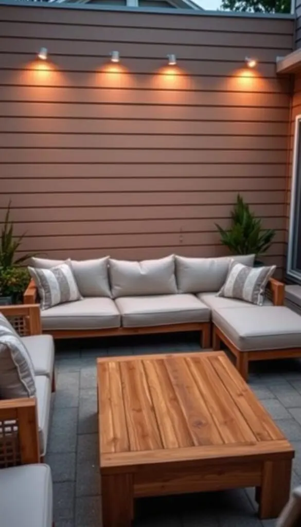 A well-crafted, mid-range backyard seating setup, showcasing a balance of comfort, materials, and thoughtful design. In the foreground, a plush, modular sectional sofa in a neutral tone invites relaxation, its soft cushions and clean lines reflecting an effortless aesthetic. The middle ground features a sturdy, wooden coffee table with a smooth, natural grain, complementing the seating. In the background, a shiplap accent wall in a warm, earthy tone sets the mood, illuminated by soft, diffused lighting that casts a cozy, intimate ambiance over the scene. The overall composition conveys a harmonious blend of functionality, quality materials, and refined style, perfect for a backyard oasis within a $300-$700 budget.