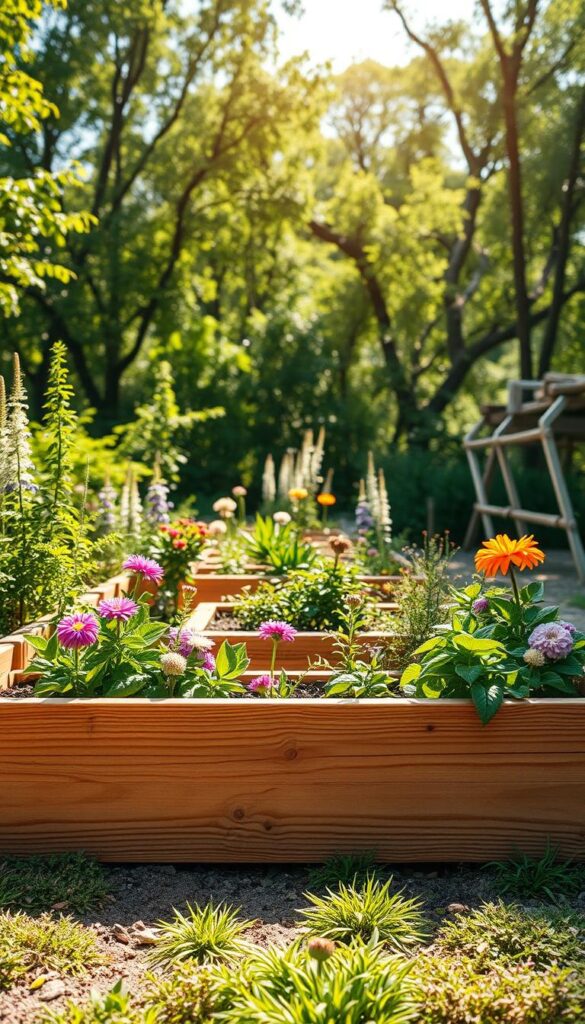 A well-crafted, neatly organized raised garden bed nestled in a lush, sun-dappled outdoor setting. The foreground features the short wooden sides of the bed, their natural grain and warm tones reflecting the rustic, earthy aesthetic. The middle ground showcases flourishing flowers and greenery, their vibrant colors and textures creating a visually captivating scene. In the background, a harmonious blend of trees and foliage sets the stage, casting gentle shadows and imbuing the image with a serene, tranquil atmosphere. Crisp, high-quality lighting illuminates the scene, emphasizing the intricate details and lending an inviting, welcoming feel. Captured at a slightly elevated angle, the composition offers a holistic, immersive perspective on the step-by-step process of assembling this charming raised flower bed. A well-crafted, neatly organized raised garden bed nestled in a lush, sun-dappled outdoor setting. The foreground features the short wooden sides of the bed, their natural grain and warm tones reflecting the rustic, earthy aesthetic. The middle ground showcases flourishing flowers and greenery, their vibrant colors and textures creating a visually captivating scene. In the background, a harmonious blend of trees and foliage sets the stage, casting gentle shadows and imbuing the image with a serene, tranquil atmosphere. Crisp, high-quality lighting illuminates the scene, emphasizing the intricate details and lending an inviting, welcoming feel. Captured at a slightly elevated angle, the composition offers a holistic, immersive perspective on the step-by-step process of assembling this charming raised flower bed.
