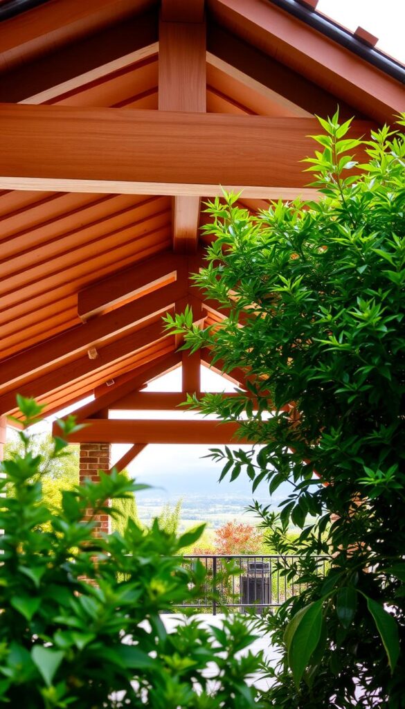 A well-crafted permanent roof covering a patio or porch, with a classic gable or hipped design featuring elegant timber beams and rafters. The roofing material is warm-toned terracotta tiles or sleek metal panels that seamlessly integrate with the home's architecture. Lush greenery in the foreground and middle ground creates a serene, inviting atmosphere, while the background showcases a picturesque landscape. Soft, diffused natural lighting filters through the roofing, casting gentle shadows and highlights that accentuate the craftsmanship. The overall scene exudes a sense of timeless sophistication and comfortable outdoor living. A well-crafted permanent roof covering a patio or porch, with a classic gable or hipped design featuring elegant timber beams and rafters. The roofing material is warm-toned terracotta tiles or sleek metal panels that seamlessly integrate with the home's architecture. Lush greenery in the foreground and middle ground creates a serene, inviting atmosphere, while the background showcases a picturesque landscape. Soft, diffused natural lighting filters through the roofing, casting gentle shadows and highlights that accentuate the craftsmanship. The overall scene exudes a sense of timeless sophistication and comfortable outdoor living.