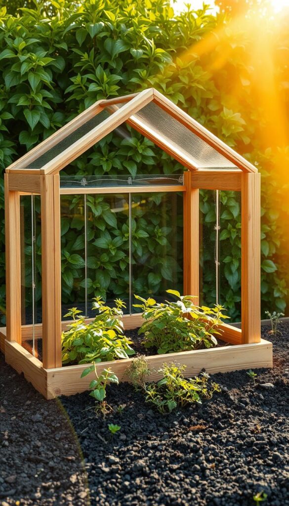 A well-crafted, wooden-framed cold frame structure set against a backdrop of lush, green foliage. The frame has a transparent glass or plastic cover, allowing sunlight to filter through while protecting delicate plants from frost. Rays of warm, golden-hued light illuminate the scene, creating a cozy and inviting atmosphere. The frame is positioned atop a neatly tended garden bed, with soil rich in nutrients and textures. Surrounding the cold frame are a variety of small, hardy plants, thriving under its sheltering canopy. The overall composition conveys a sense of careful nurturing and the delicate balance between plant protection and natural growth.
