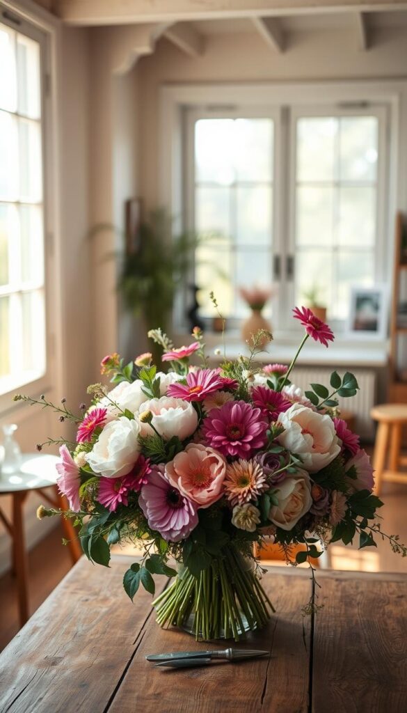 A well-curated floral arrangement takes center stage in a cozy, sunlit studio. The foreground features an artful display of freshly cut garden blooms - delicate peonies, vibrant zinnias, and wispy eucalyptus - arranged with an effortless, natural touch. The middle ground showcases a simple, wooden table with a worn, rustic charm, providing a neutral backdrop to let the flowers shine. In the background, soft, diffused natural light filters through large windows, casting a warm, golden glow and creating a sense of tranquility. The overall mood is one of understated elegance, inviting the viewer to pause and appreciate the simple beauty of nature's bounty. A well-curated floral arrangement takes center stage in a cozy, sunlit studio. The foreground features an artful display of freshly cut garden blooms - delicate peonies, vibrant zinnias, and wispy eucalyptus - arranged with an effortless, natural touch. The middle ground showcases a simple, wooden table with a worn, rustic charm, providing a neutral backdrop to let the flowers shine. In the background, soft, diffused natural light filters through large windows, casting a warm, golden glow and creating a sense of tranquility. The overall mood is one of understated elegance, inviting the viewer to pause and appreciate the simple beauty of nature's bounty.