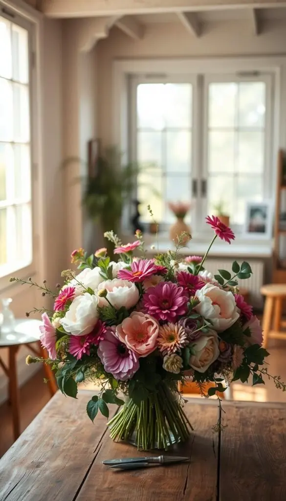 A well-curated floral arrangement takes center stage in a cozy, sunlit studio. The foreground features an artful display of freshly cut garden blooms - delicate peonies, vibrant zinnias, and wispy eucalyptus - arranged with an effortless, natural touch. The middle ground showcases a simple, wooden table with a worn, rustic charm, providing a neutral backdrop to let the flowers shine. In the background, soft, diffused natural light filters through large windows, casting a warm, golden glow and creating a sense of tranquility. The overall mood is one of understated elegance, inviting the viewer to pause and appreciate the simple beauty of nature's bounty.
