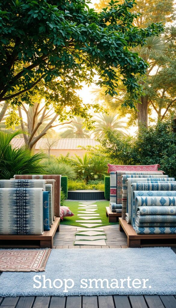 A well-curated outdoor rug display in a lush garden setting. In the foreground, an array of stylish rugs in various textures, patterns, and colors are neatly arranged on wooden platforms, inviting closer inspection. The middle ground features a backdrop of verdant foliage and a stone path leading to the rug display, creating a serene, natural ambiance. Warm, diffused sunlight filters through the trees, casting a soft, golden glow over the scene. The overall composition conveys a sense of coziness, sophistication, and ease of selection, perfectly complementing the "Shop smarter" section title.