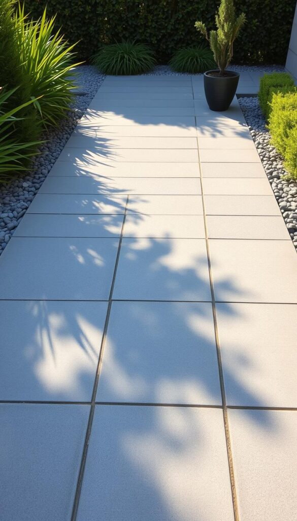 A well-defined outdoor space with a modern grid of square concrete pavers, interspersed with pebbles in a harmonious gray and earthy color palette. The pavers are arranged in a clean, geometric pattern, casting crisp shadows that add depth and texture. The scene is bathed in warm, diffused natural lighting, creating a serene and inviting atmosphere. Lush greenery frames the path, with the occasional potted plant or small shrub adding pops of verdant contrast. The overall composition evokes a sense of minimalist elegance and functionality, perfectly suited for a contemporary garden or backyard.
