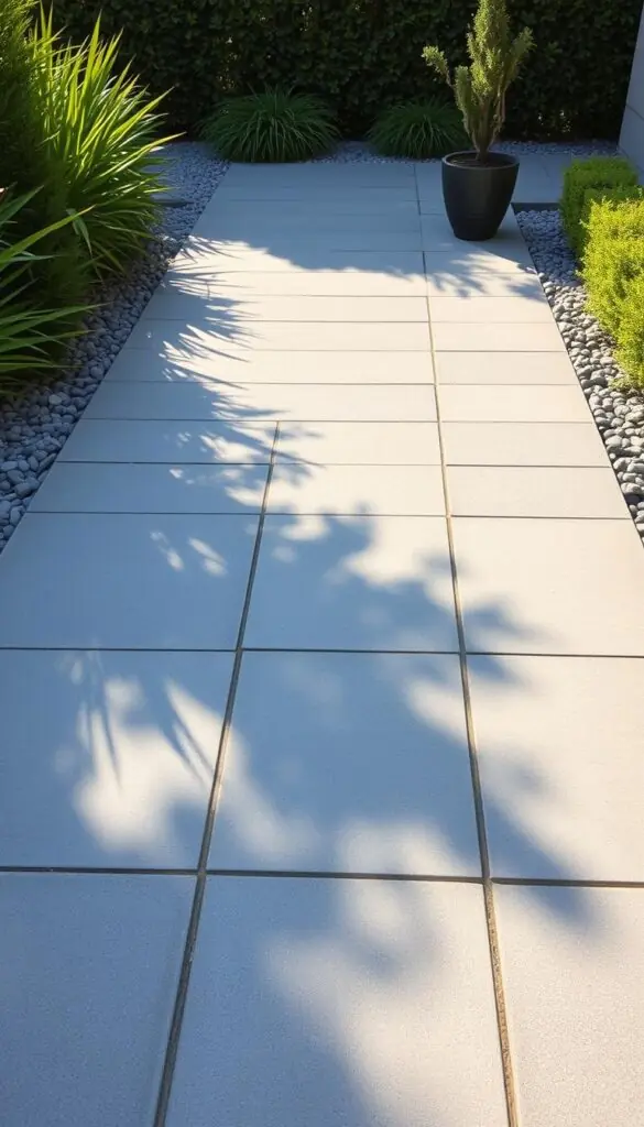 A well-defined outdoor space with a modern grid of square concrete pavers, interspersed with pebbles in a harmonious gray and earthy color palette. The pavers are arranged in a clean, geometric pattern, casting crisp shadows that add depth and texture. The scene is bathed in warm, diffused natural lighting, creating a serene and inviting atmosphere. Lush greenery frames the path, with the occasional potted plant or small shrub adding pops of verdant contrast. The overall composition evokes a sense of minimalist elegance and functionality, perfectly suited for a contemporary garden or backyard.