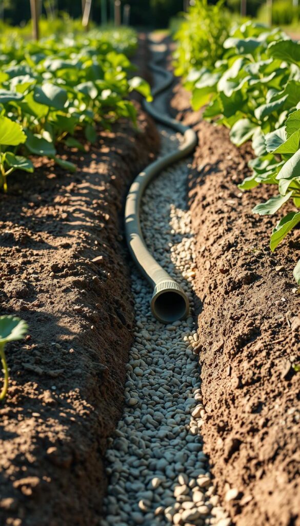 A well-designed French drain, showcasing a trench filled with gravel and a perforated pipe, winding through a lush vegetable garden. The scene is bathed in soft, natural lighting, casting long shadows and highlighting the textural contrast between the soil, gravel, and verdant foliage. The camera angle is slightly elevated, providing a clear view of the drain's construction and its role in diverting surface water away from the garden beds. The overall mood is one of functionality and organic harmony, as the French drain seamlessly integrates with the vibrant, thriving vegetable plants surrounding it. A well-designed French drain, showcasing a trench filled with gravel and a perforated pipe, winding through a lush vegetable garden. The scene is bathed in soft, natural lighting, casting long shadows and highlighting the textural contrast between the soil, gravel, and verdant foliage. The camera angle is slightly elevated, providing a clear view of the drain's construction and its role in diverting surface water away from the garden beds. The overall mood is one of functionality and organic harmony, as the French drain seamlessly integrates with the vibrant, thriving vegetable plants surrounding it.