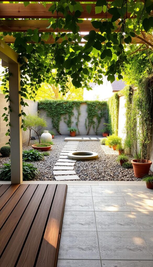 A well-designed and inviting patio with a balanced interplay of concrete, pea gravel, and wood textures. The foreground showcases a slatted wooden deck, partially covered by a pergola structure with trailing vines. In the middle ground, a stone-paved pathway meanders through a lush bed of pea gravel, flanked by potted plants and a small water feature. The background features a low concrete wall, softened by climbing greenery, creating a sense of enclosure and privacy. Warm, dappled sunlight filters through the overhead foliage, casting gentle shadows and imbuing the scene with a serene, natural ambiance. A well-designed and inviting patio with a balanced interplay of concrete, pea gravel, and wood textures. The foreground showcases a slatted wooden deck, partially covered by a pergola structure with trailing vines. In the middle ground, a stone-paved pathway meanders through a lush bed of pea gravel, flanked by potted plants and a small water feature. The background features a low concrete wall, softened by climbing greenery, creating a sense of enclosure and privacy. Warm, dappled sunlight filters through the overhead foliage, casting gentle shadows and imbuing the scene with a serene, natural ambiance.