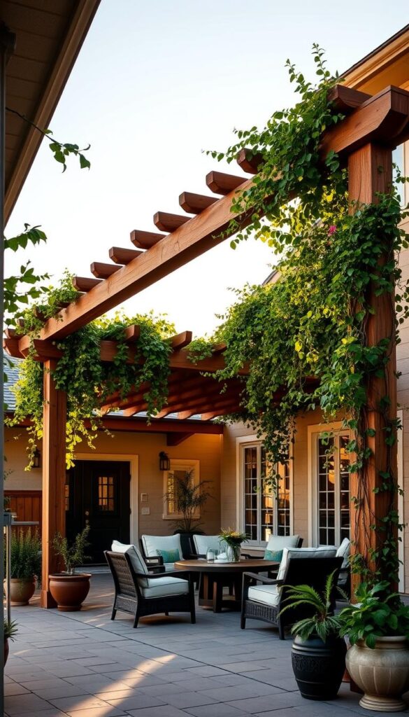 A well-designed attached pergola, seamlessly integrated with the architecture of a modern farmhouse-style home. The structure features sturdy wooden beams and columns, with a slatted roof that casts a warm, dappled light across the patio below. Lush climbing vines and potted plants adorn the pergola, creating a lush, inviting ambiance. The patio is furnished with comfortable outdoor seating, inviting relaxation and al fresco dining. The scene is bathed in soft, golden-hour lighting, casting long shadows and a cozy, serene atmosphere. A harmonious blend of the home's architecture and the natural elements, this attached pergola design elevates the outdoor living experience.