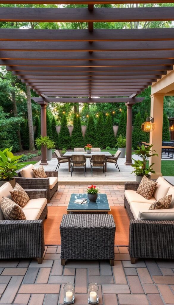 A well-designed backyard patio layout with distinct zones for living, dining, and sun enjoyment. In the foreground, a comfortable lounge area with plush outdoor sofas and armchairs arranged around a low coffee table. In the middle ground, a rectangular dining table with modern wicker chairs, flanked by lush potted plants. The background features a pergola overhead, casting soft dappled light across the scene. The patio is finished with high-quality pavers, creating a cohesive and inviting atmosphere. Warm ambient lighting from strategically placed lanterns and sconces enhances the cozy, al fresco ambiance. The overall layout seamlessly integrates the indoor and outdoor living spaces, promoting relaxation and social gatherings. A well-designed backyard patio layout with distinct zones for living, dining, and sun enjoyment. In the foreground, a comfortable lounge area with plush outdoor sofas and armchairs arranged around a low coffee table. In the middle ground, a rectangular dining table with modern wicker chairs, flanked by lush potted plants. The background features a pergola overhead, casting soft dappled light across the scene. The patio is finished with high-quality pavers, creating a cohesive and inviting atmosphere. Warm ambient lighting from strategically placed lanterns and sconces enhances the cozy, al fresco ambiance. The overall layout seamlessly integrates the indoor and outdoor living spaces, promoting relaxation and social gatherings.