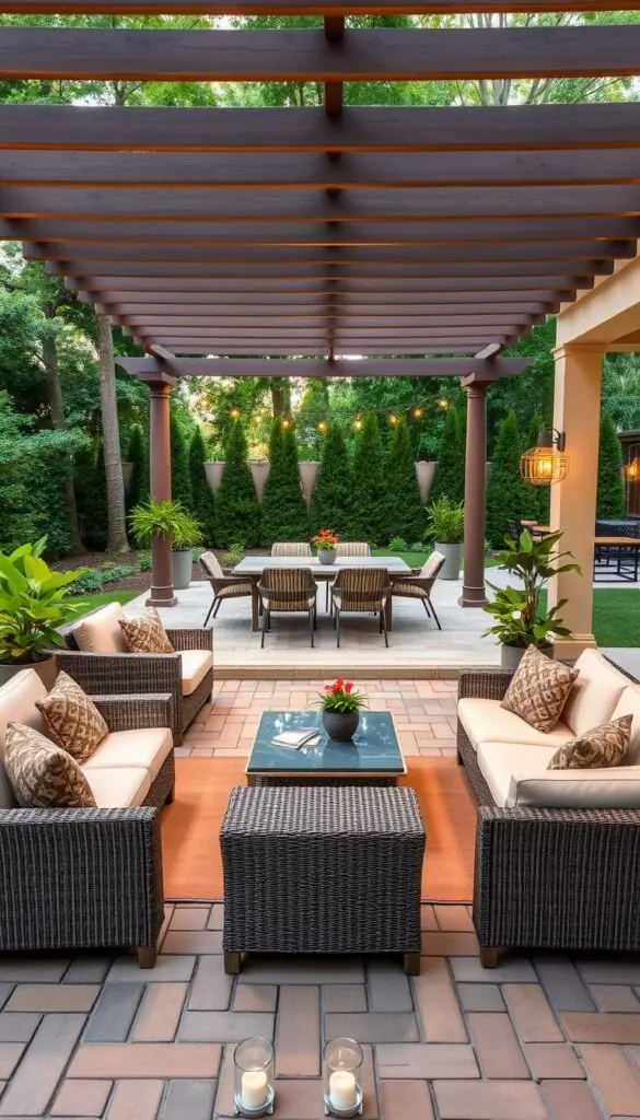 A well-designed backyard patio layout with distinct zones for living, dining, and sun enjoyment. In the foreground, a comfortable lounge area with plush outdoor sofas and armchairs arranged around a low coffee table. In the middle ground, a rectangular dining table with modern wicker chairs, flanked by lush potted plants. The background features a pergola overhead, casting soft dappled light across the scene. The patio is finished with high-quality pavers, creating a cohesive and inviting atmosphere. Warm ambient lighting from strategically placed lanterns and sconces enhances the cozy, al fresco ambiance. The overall layout seamlessly integrates the indoor and outdoor living spaces, promoting relaxation and social gatherings. A well-designed backyard patio layout with distinct zones for living, dining, and sun enjoyment. In the foreground, a comfortable lounge area with plush outdoor sofas and armchairs arranged around a low coffee table. In the middle ground, a rectangular dining table with modern wicker chairs, flanked by lush potted plants. The background features a pergola overhead, casting soft dappled light across the scene. The patio is finished with high-quality pavers, creating a cohesive and inviting atmosphere. Warm ambient lighting from strategically placed lanterns and sconces enhances the cozy, al fresco ambiance. The overall layout seamlessly integrates the indoor and outdoor living spaces, promoting relaxation and social gatherings.