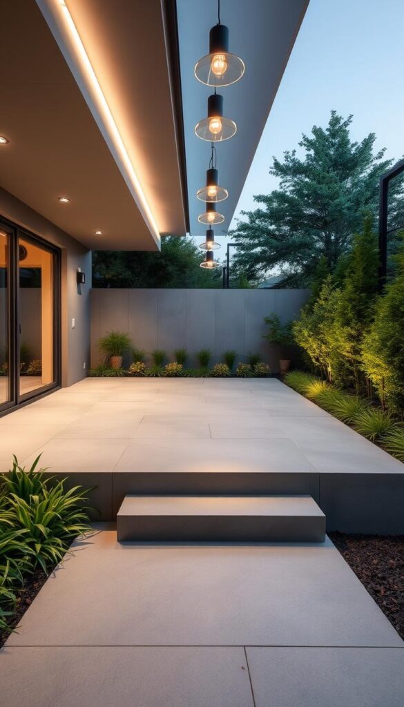 A well-designed concrete patio in a modern, minimalist style. The patio is spacious and rectangular, with a smooth, uniform surface in a light gray tone. Surrounding the patio are lush, verdant plants and shrubs, creating a serene, natural ambiance. The lighting is a combination of subtle, recessed fixtures that cast a warm, diffuse glow, and sleek, contemporary pendant lights that hang above the patio. The overall atmosphere is one of sophistication, durability, and low-maintenance elegance. A well-designed concrete patio in a modern, minimalist style. The patio is spacious and rectangular, with a smooth, uniform surface in a light gray tone. Surrounding the patio are lush, verdant plants and shrubs, creating a serene, natural ambiance. The lighting is a combination of subtle, recessed fixtures that cast a warm, diffuse glow, and sleek, contemporary pendant lights that hang above the patio. The overall atmosphere is one of sophistication, durability, and low-maintenance elegance.