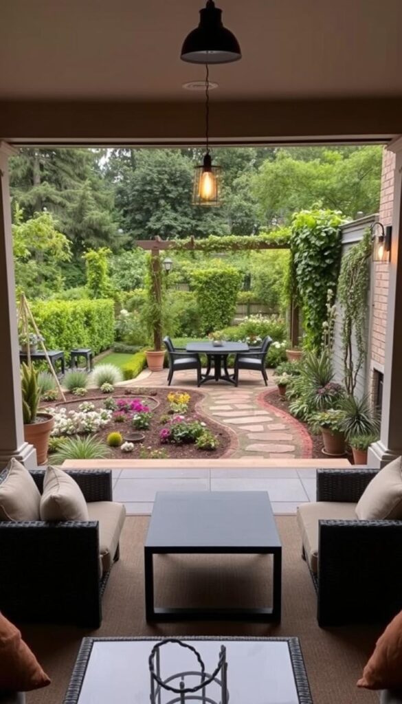 A well-designed patio overlooking a lush, verdant garden. In the foreground, a cozy seating area with plush cushions and a low, modern coffee table. The middle ground features a mix of potted plants, flower beds, and a winding stone path leading to a focal point - a neatly arranged dining set under the warm glow of pendant lights. The background showcases a decorative trellis adorned with climbing vines, creating a sense of privacy and enclosure. The overall atmosphere is one of tranquility and thoughtful planning, with a harmonious blend of textures, colors, and functional elements that invite you to linger and savor the changing seasons. A well-designed patio overlooking a lush, verdant garden. In the foreground, a cozy seating area with plush cushions and a low, modern coffee table. The middle ground features a mix of potted plants, flower beds, and a winding stone path leading to a focal point - a neatly arranged dining set under the warm glow of pendant lights. The background showcases a decorative trellis adorned with climbing vines, creating a sense of privacy and enclosure. The overall atmosphere is one of tranquility and thoughtful planning, with a harmonious blend of textures, colors, and functional elements that invite you to linger and savor the changing seasons.