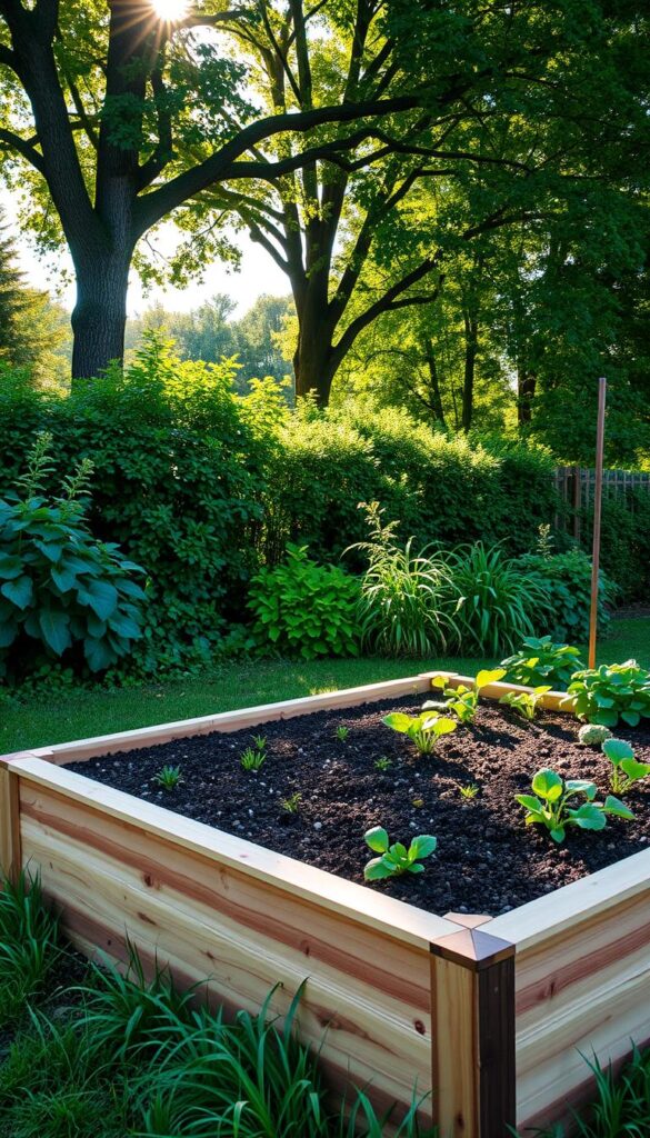 A well-designed raised garden bed, set against a backdrop of lush greenery. The bed is constructed with sturdy, weather-resistant cedar planks, elevated slightly above the ground to allow for optimal drainage and easy access. The soil within is rich and dark, teeming with nutrient-dense compost, ready to nourish a variety of thriving plants. Sunlight filters through the canopy of mature trees, casting a warm, natural glow across the scene. The overall composition conveys a sense of tranquility and productivity, inviting the viewer to envision the bountiful harvests and relaxing moments that a raised bed garden can provide.
