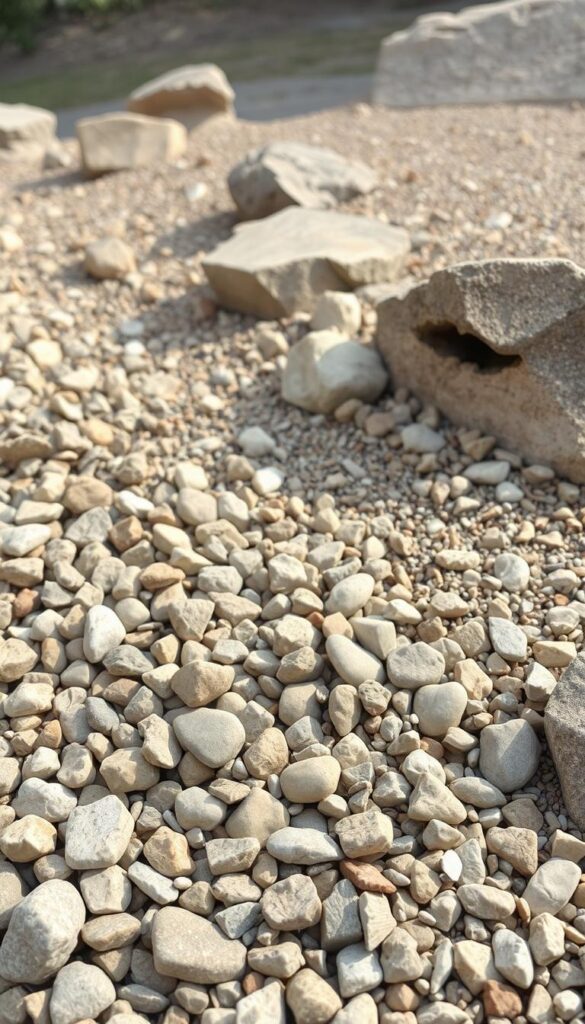 A well-drained rock garden filled with an assortment of soil drainage rocks, including angular pebbles, crushed stone, and gravel in earthy tones of beige, gray, and brown. The rocks are artfully arranged in a natural, cascading pattern, creating a visually appealing and functional landscape. The foreground features a mix of different-sized rocks, while the middle ground showcases larger boulders and the background includes a subtle slope or mound, suggesting a realistic and integrated garden setting. The lighting is soft and diffused, casting gentle shadows that accentuate the textures and shapes of the rocks. The overall scene conveys a serene, low-maintenance, and well-designed rock garden that is optimized for proper soil drainage. A well-drained rock garden filled with an assortment of soil drainage rocks, including angular pebbles, crushed stone, and gravel in earthy tones of beige, gray, and brown. The rocks are artfully arranged in a natural, cascading pattern, creating a visually appealing and functional landscape. The foreground features a mix of different-sized rocks, while the middle ground showcases larger boulders and the background includes a subtle slope or mound, suggesting a realistic and integrated garden setting. The lighting is soft and diffused, casting gentle shadows that accentuate the textures and shapes of the rocks. The overall scene conveys a serene, low-maintenance, and well-designed rock garden that is optimized for proper soil drainage.