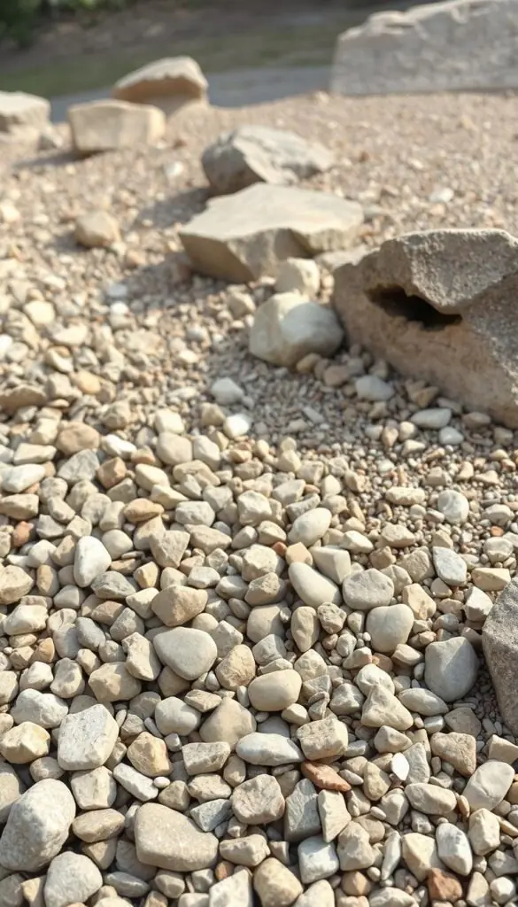 A well-drained rock garden filled with an assortment of soil drainage rocks, including angular pebbles, crushed stone, and gravel in earthy tones of beige, gray, and brown. The rocks are artfully arranged in a natural, cascading pattern, creating a visually appealing and functional landscape. The foreground features a mix of different-sized rocks, while the middle ground showcases larger boulders and the background includes a subtle slope or mound, suggesting a realistic and integrated garden setting. The lighting is soft and diffused, casting gentle shadows that accentuate the textures and shapes of the rocks. The overall scene conveys a serene, low-maintenance, and well-designed rock garden that is optimized for proper soil drainage. A well-drained rock garden filled with an assortment of soil drainage rocks, including angular pebbles, crushed stone, and gravel in earthy tones of beige, gray, and brown. The rocks are artfully arranged in a natural, cascading pattern, creating a visually appealing and functional landscape. The foreground features a mix of different-sized rocks, while the middle ground showcases larger boulders and the background includes a subtle slope or mound, suggesting a realistic and integrated garden setting. The lighting is soft and diffused, casting gentle shadows that accentuate the textures and shapes of the rocks. The overall scene conveys a serene, low-maintenance, and well-designed rock garden that is optimized for proper soil drainage.